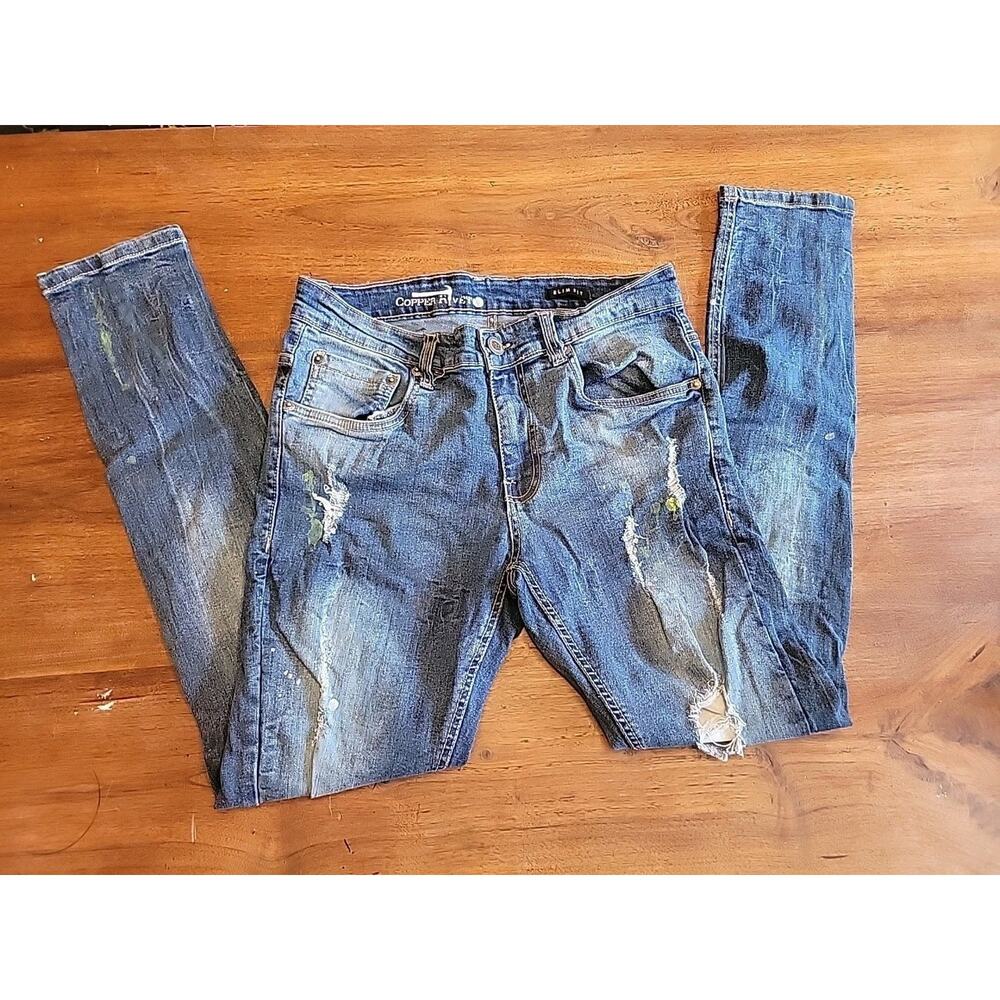 Copper Rivet Jeans Mens Blue Skinny Torn Destroyed Slim 32x32 Paint